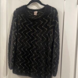 Chico's Black and Gray Crew Neck Sweater with Chevron Pattern
